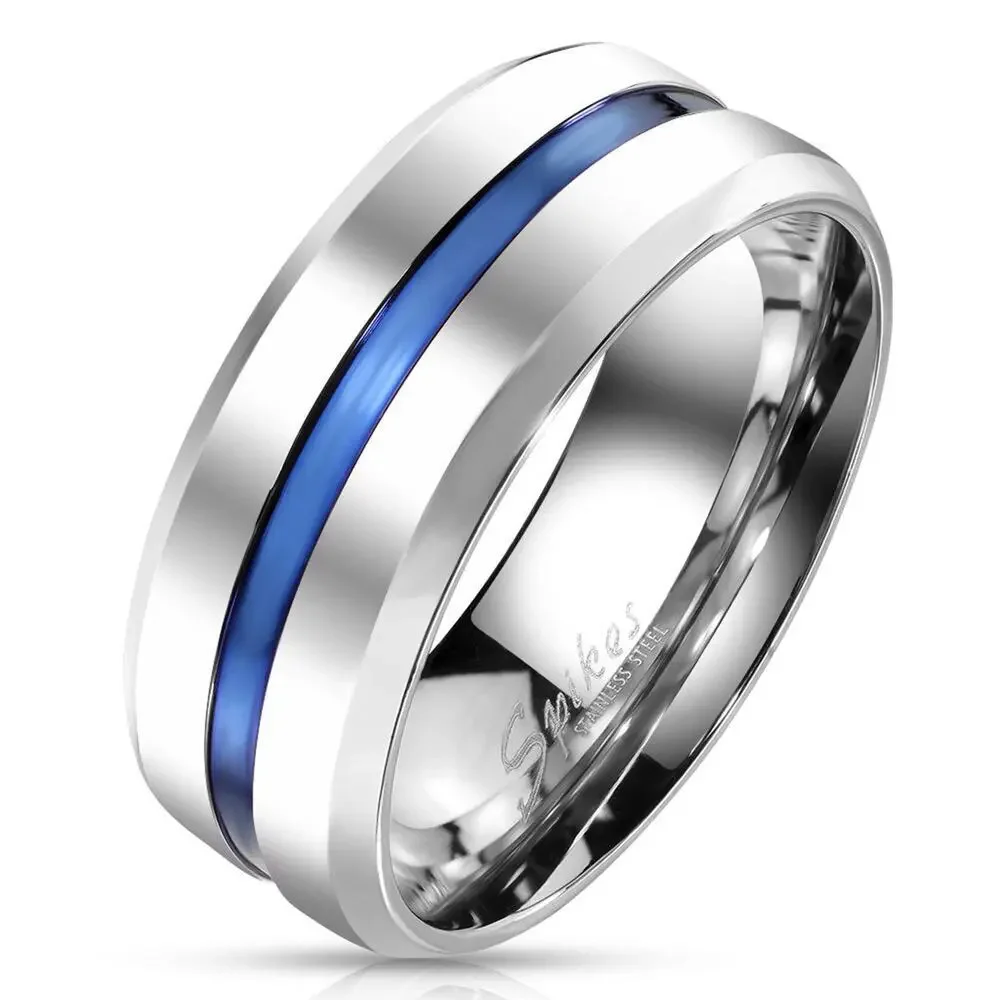 Men’s Blue line Center 316L Stainless Steel Band hypoallergenic 8mm size 10